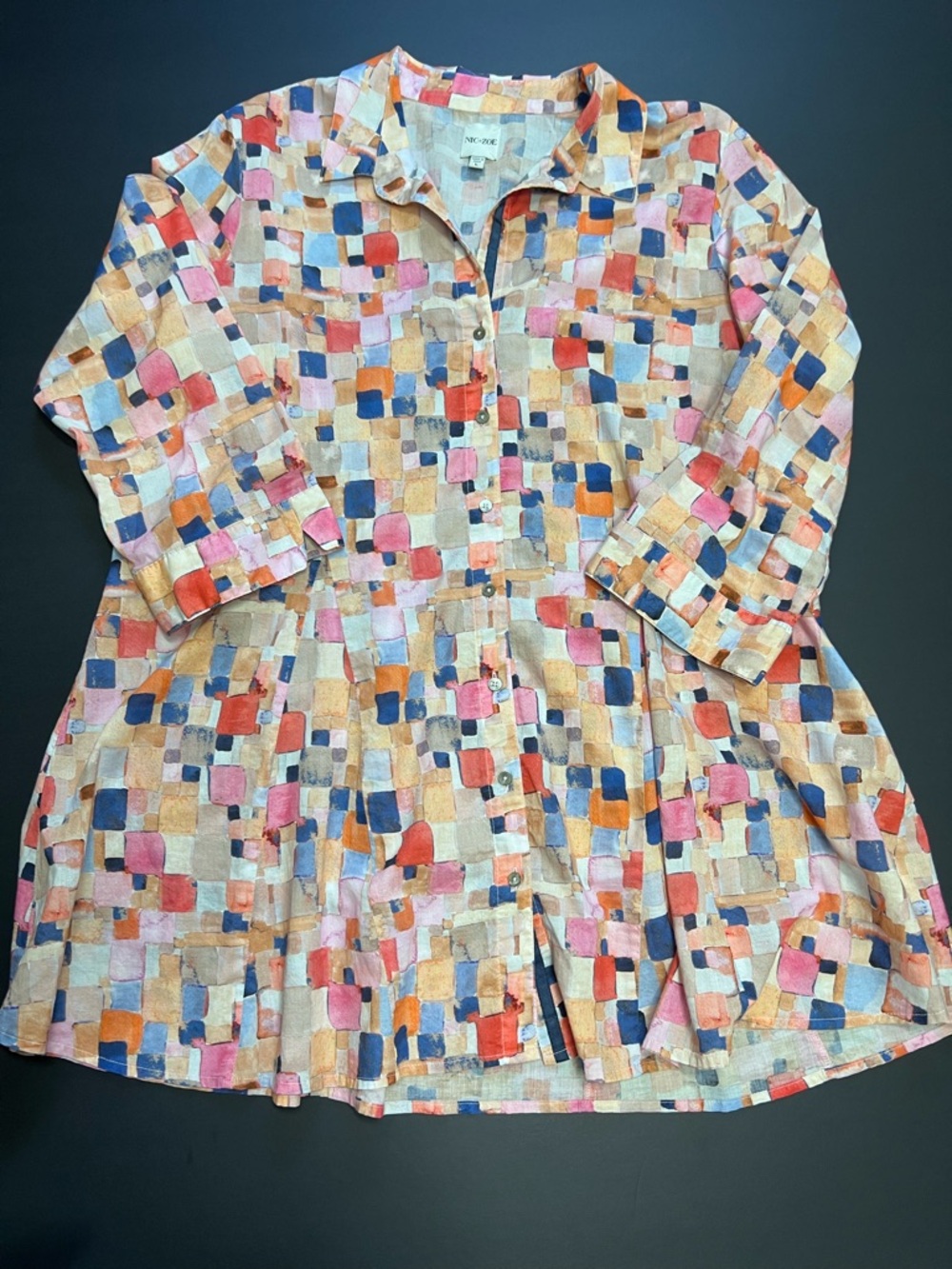 NIC+ZOE Abstract Watercolor Shirt Dress Tunic L Boho Cotton Button Front Artsy